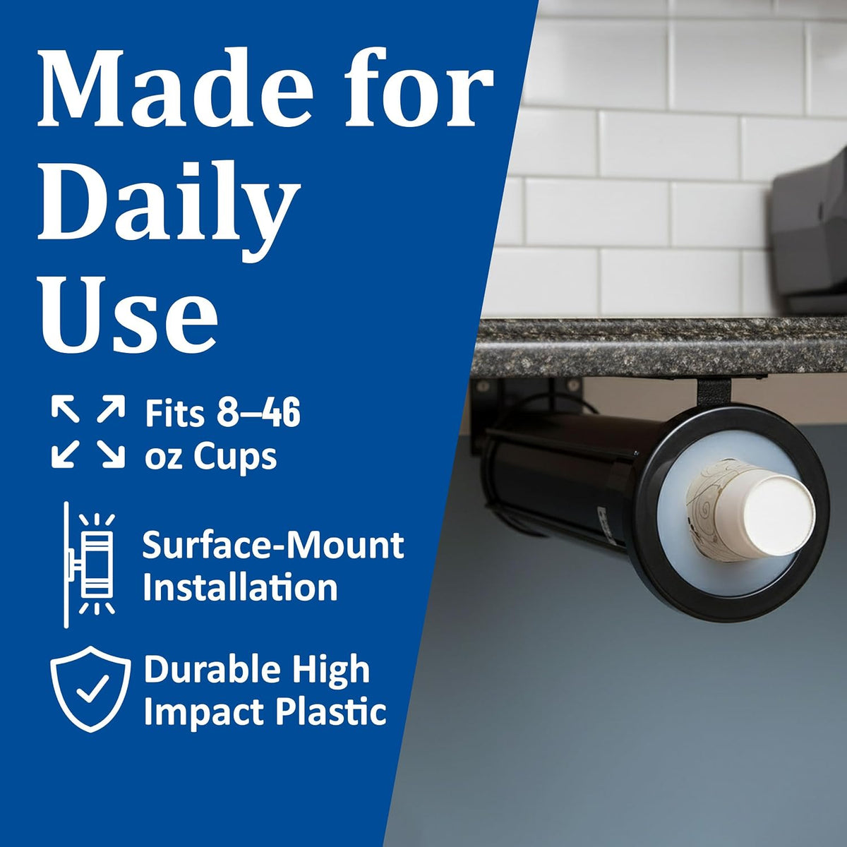 Ez Fit Surface Mount Cup Dispenser Fits 6 - 24 Oz Cups with Interchangeable Gaskets for Restaurants, Dining Halls