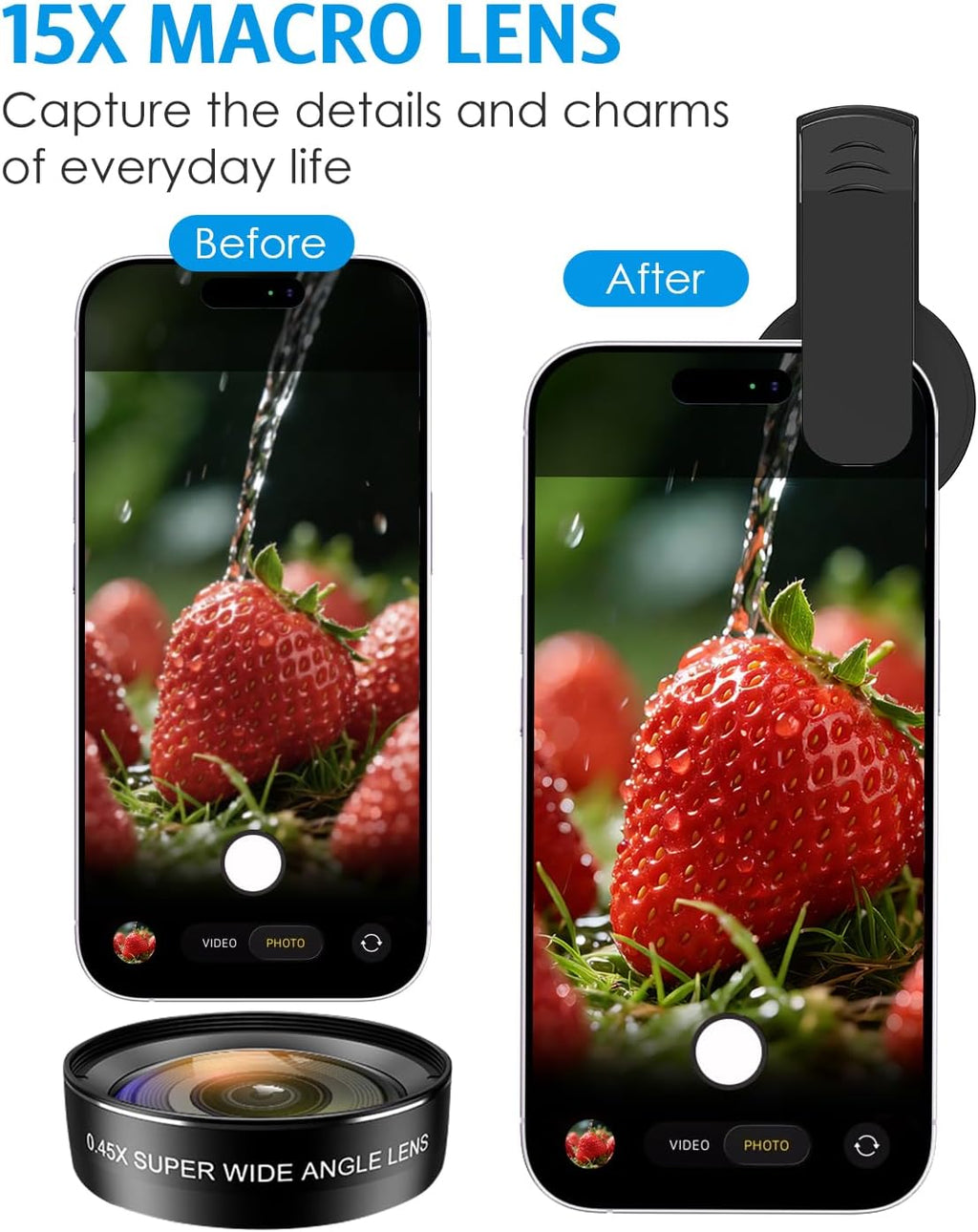 Phone Camera Lens Kit, 0.45X Wide Angle + 15X Macro Lens | 2 in 1 Lens Attachment for iPhone 17/16/15/14/13, Phone