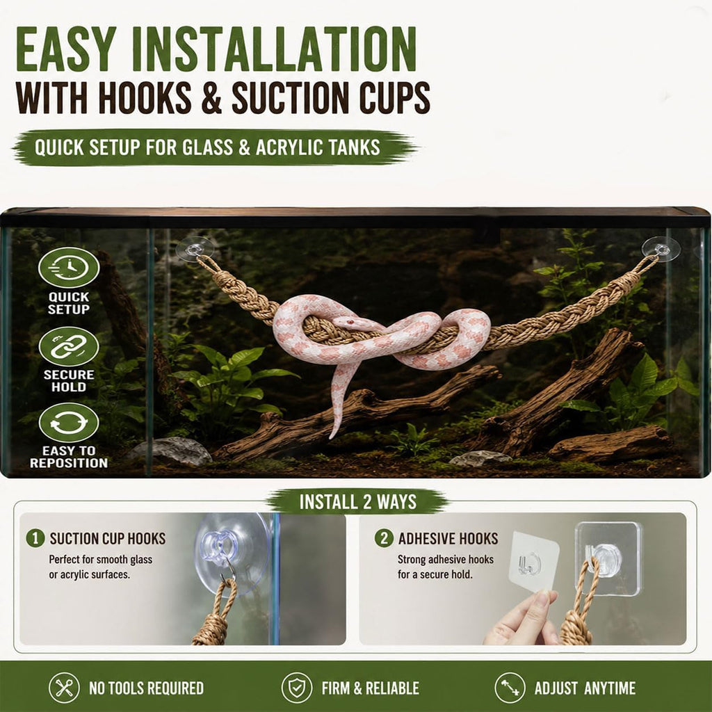 Ball Python Tank Accessories Snake Climbing Rope with Suction Cups & Hooks