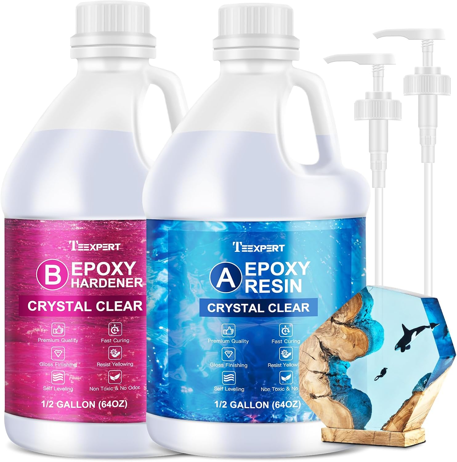 Crystal Clear Epoxy Resin Kit: 1 Gallon & Bubbles-Free | Auto-Defoaming Formula Self-leveling high-gloss with pumps;