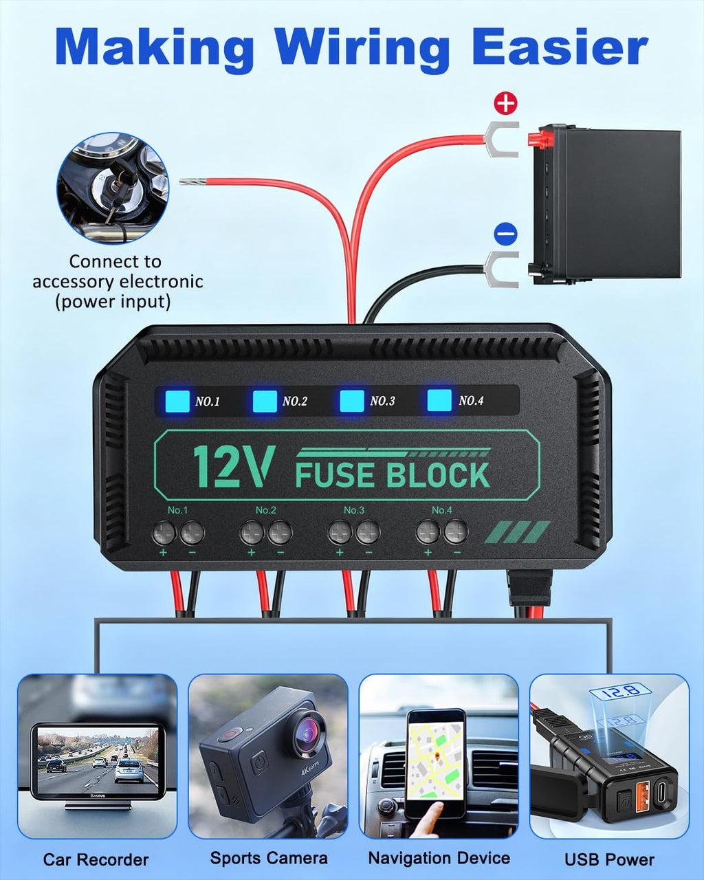 12V Fuse Block, Universal 20A Relay Box Kit with 4 Circuits Low Profile Mini Blade Fuse Holder, Battery Fuse Box