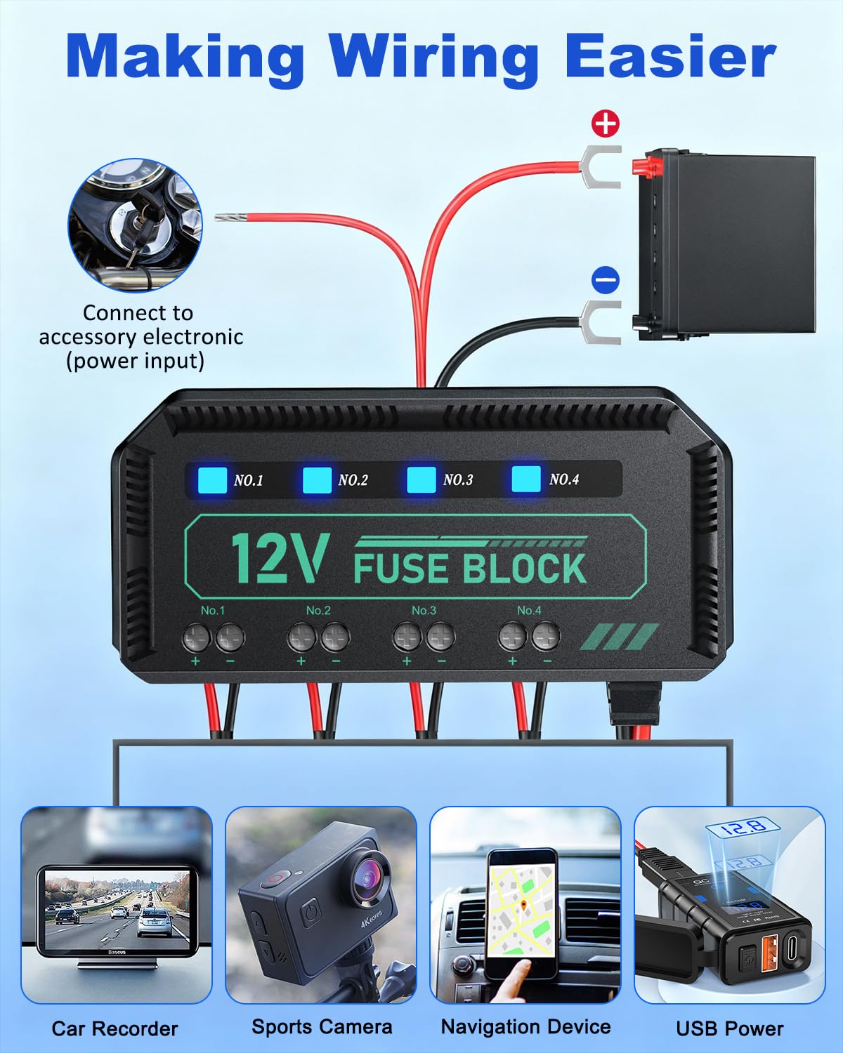 12V Fuse Block, Universal 20A Relay Box Kit with 4 Circuits Low Profile Mini Blade Fuse Holder, Battery Fuse Box