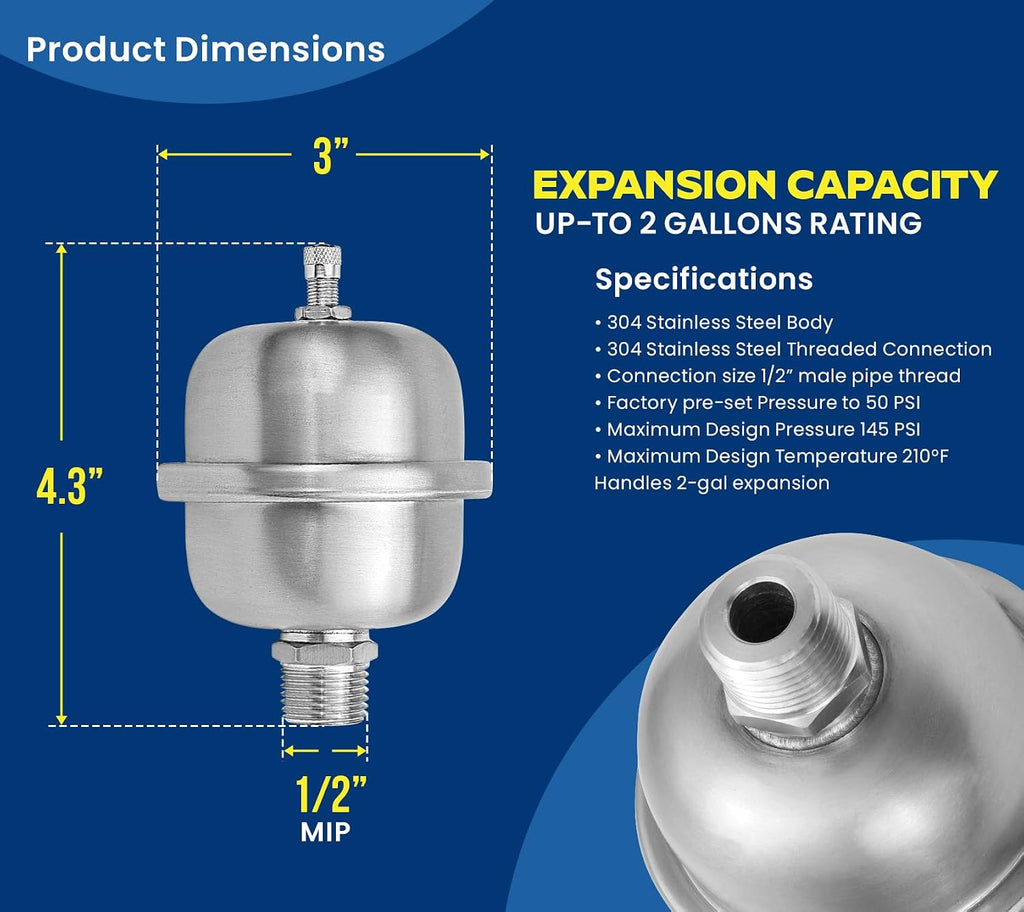 Supply Giant 2 Gallon Capacity Mini Thermal Expansion Tank for Tankless or Point-of-Use Water Heaters, 304 Stainless