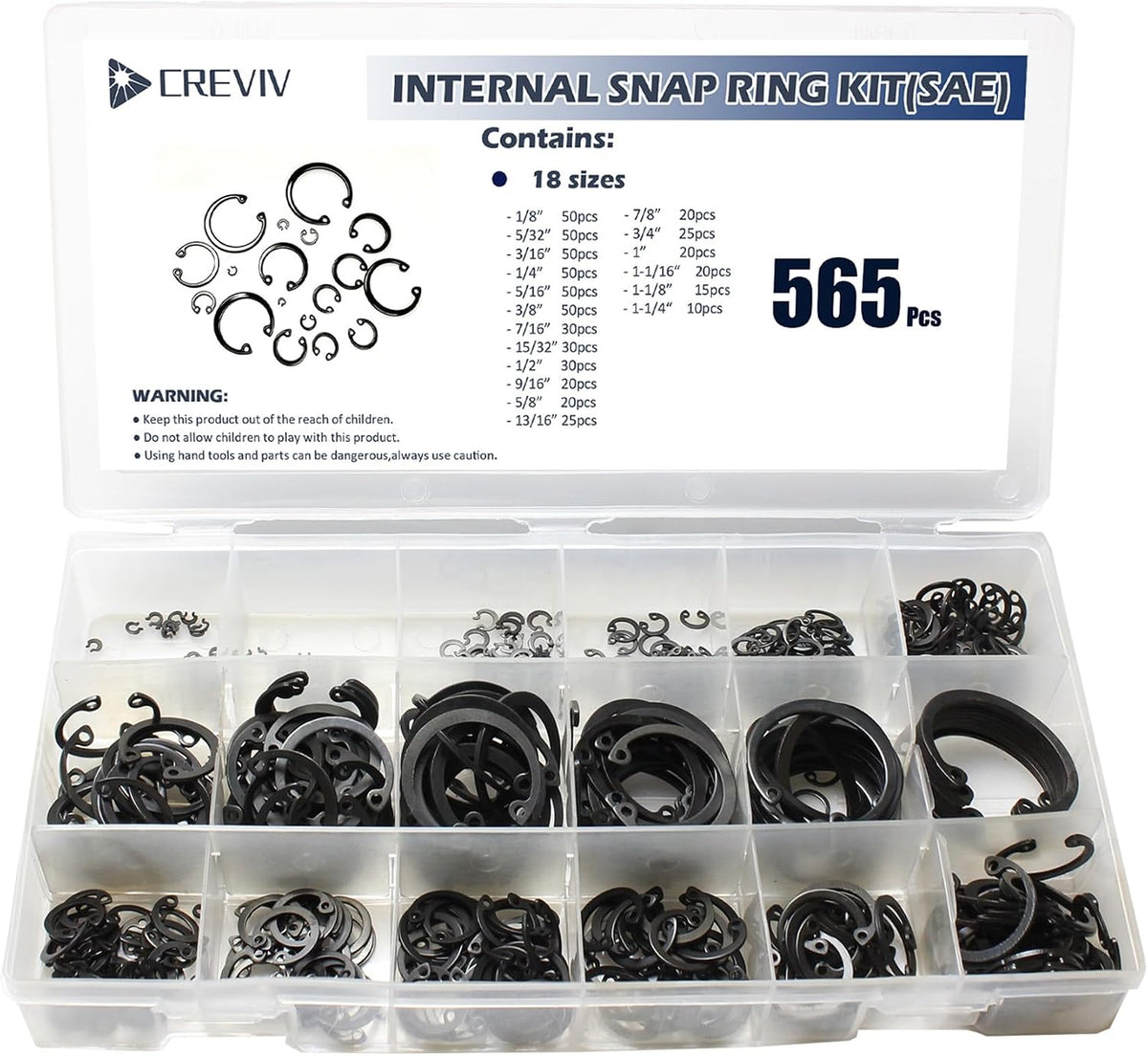 Internal Snap Ring Kit SAE, 565Pcs, 18 Sizes (1/8"-1-1/4")