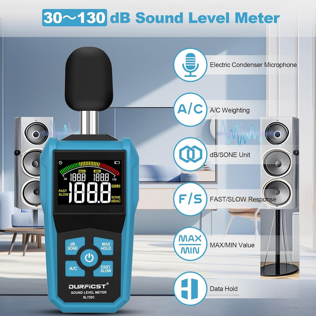 Decibel Meter, DURFICST Sound Level Meter with LCD Color Screen, 30-130dB