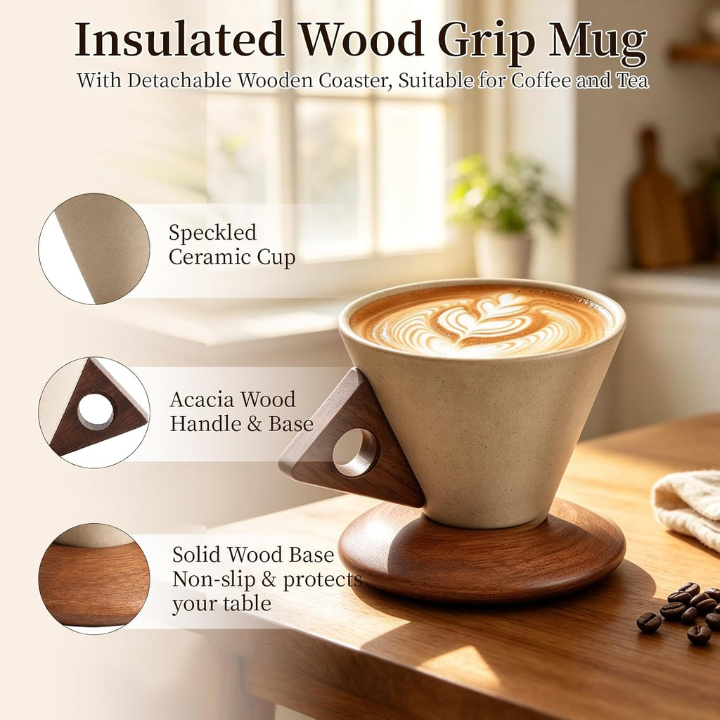 Retro ceramic coffee mug, Creative Cone coffee cup set Unique Ceramic Coffee Tea Cups wood handle and coaster