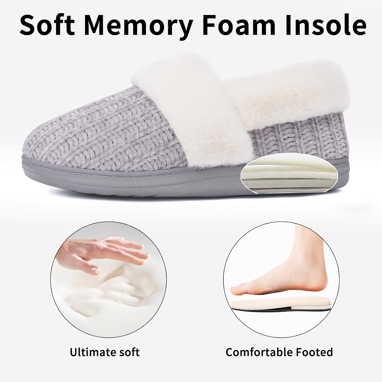 Fuzzy Memory Foam Slippers for Women Closed Back Knit House Shoes | Soft Faux Lamb Wool Lining, Non-Slip Rubber Sole