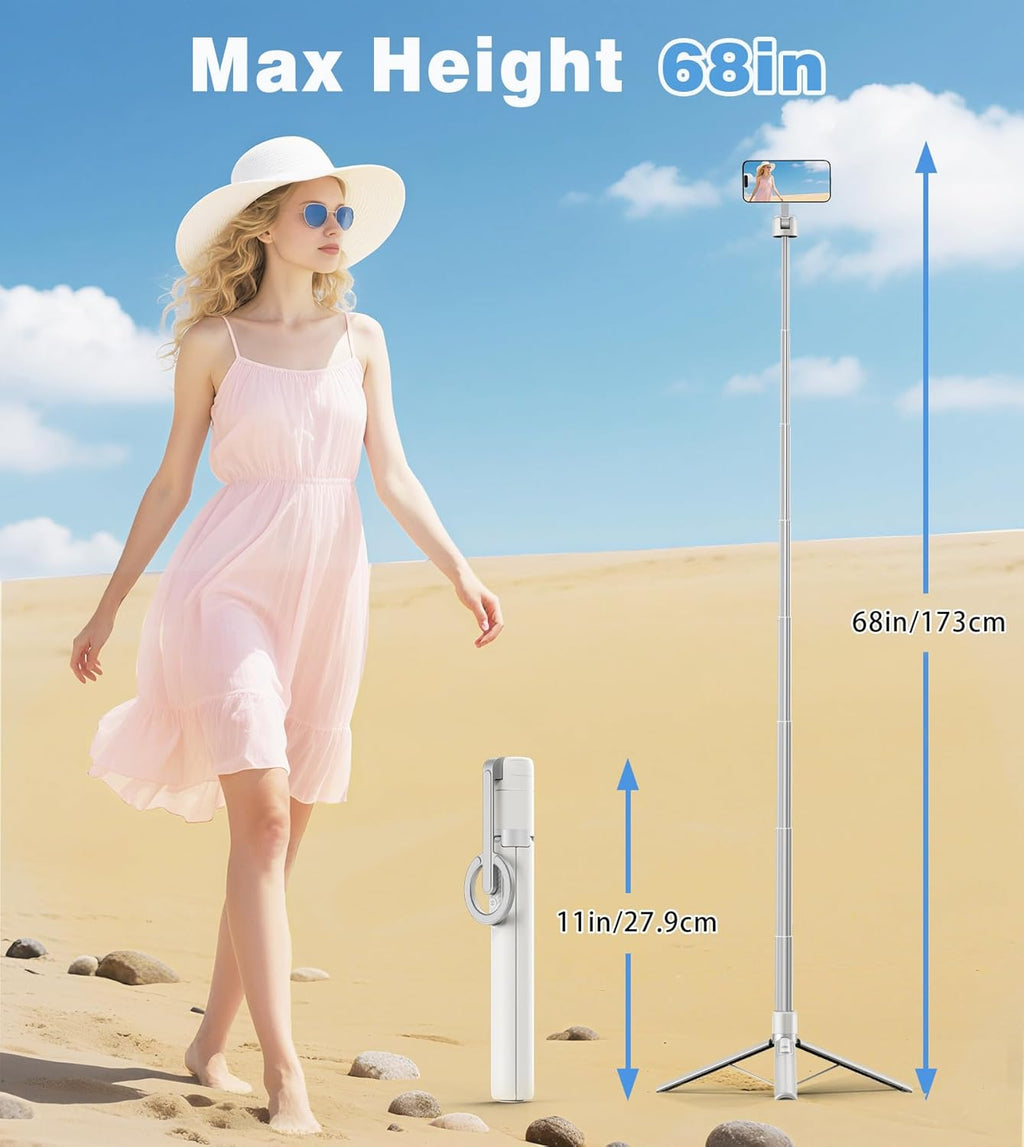 68" Magnetic Aluminum Phone Tripod Selfie Stick for iPhone & Android | Rechargeable Remote,360° Rotatable Foldable