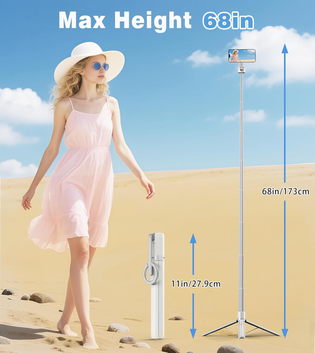 68" Magnetic Aluminum Phone Tripod Selfie Stick for iPhone & Android | Rechargeable Remote,360° Rotatable Foldable