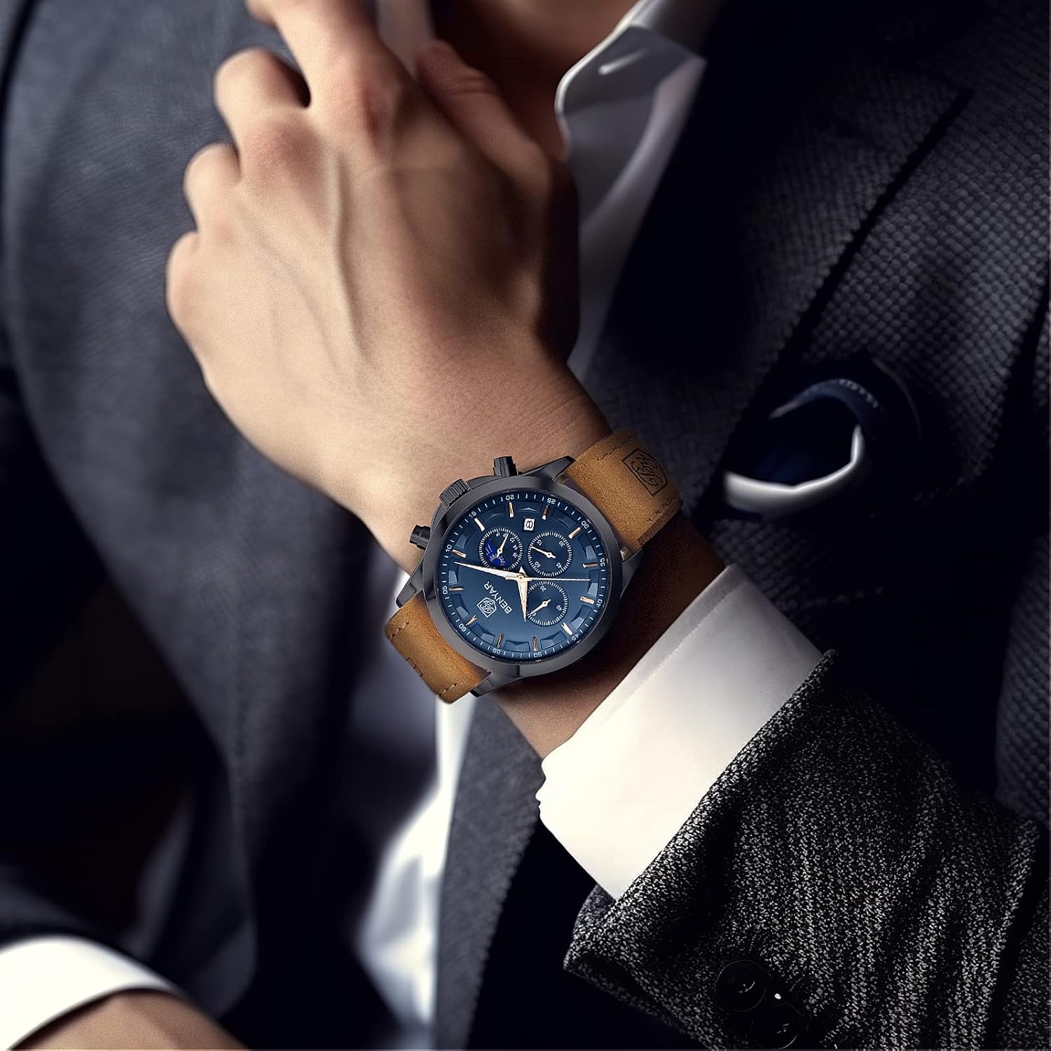 Mens Watch Analog Quartz Movement Chronograph Stylish Casual Wristwatch with Stainless Steel Bracelets Waterproof