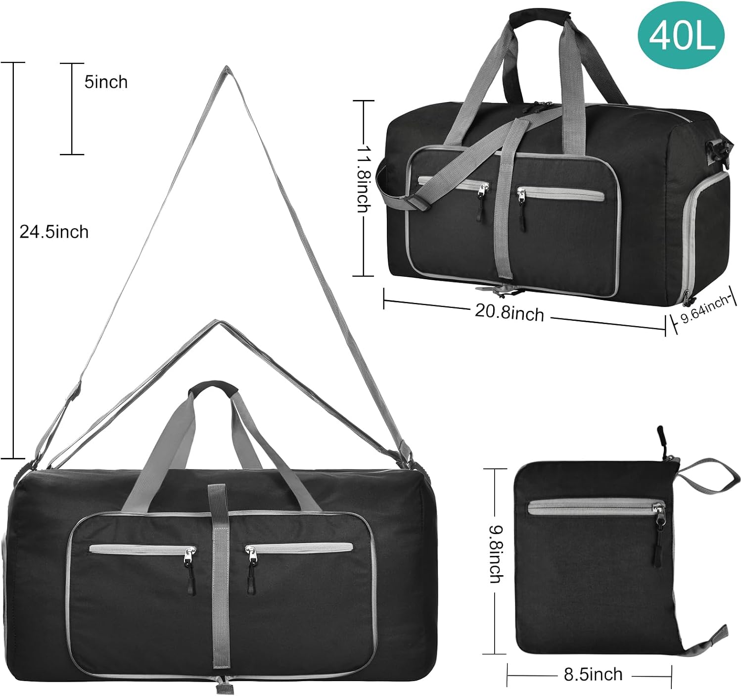 40L Travel Duffle Bag for Men Women - Foldable Duffel Bag with Shoes Compartment - Overnight Bags Waterproof & Tear