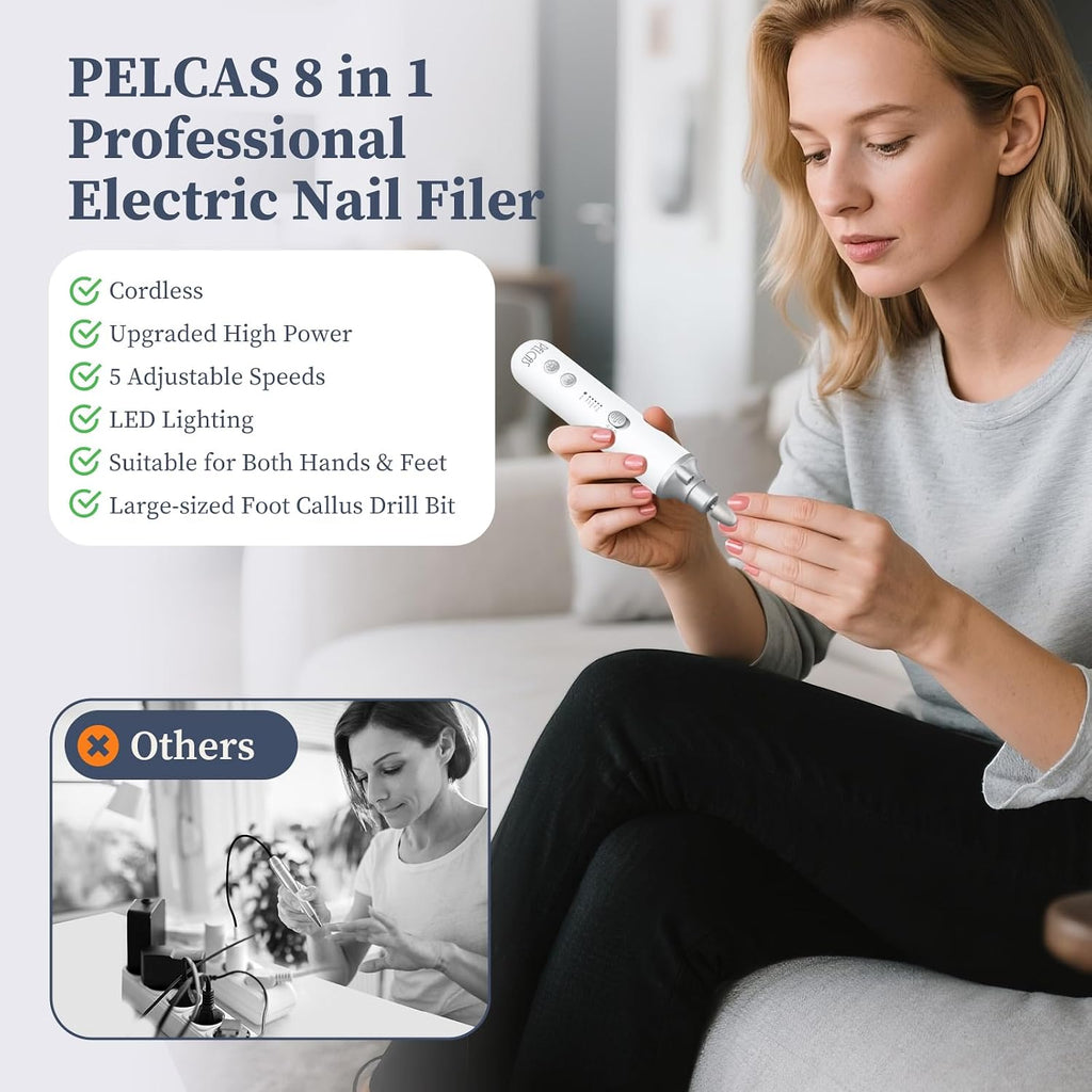 Electric Nail Filer, Cordless Nail Drill with LED Light & 5 Speeds
