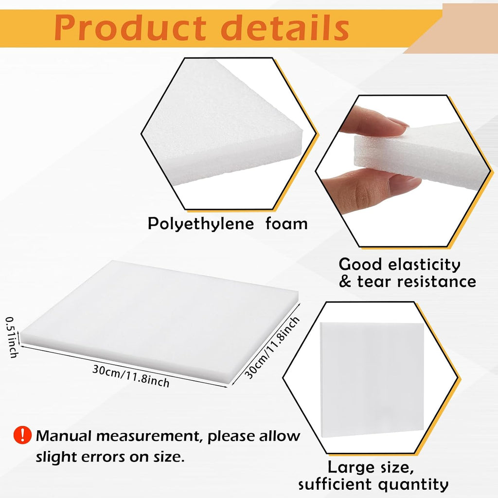 8 Pcs Polyethylene Foam Sheet, 12 x 12 x 0.5 Inch, White