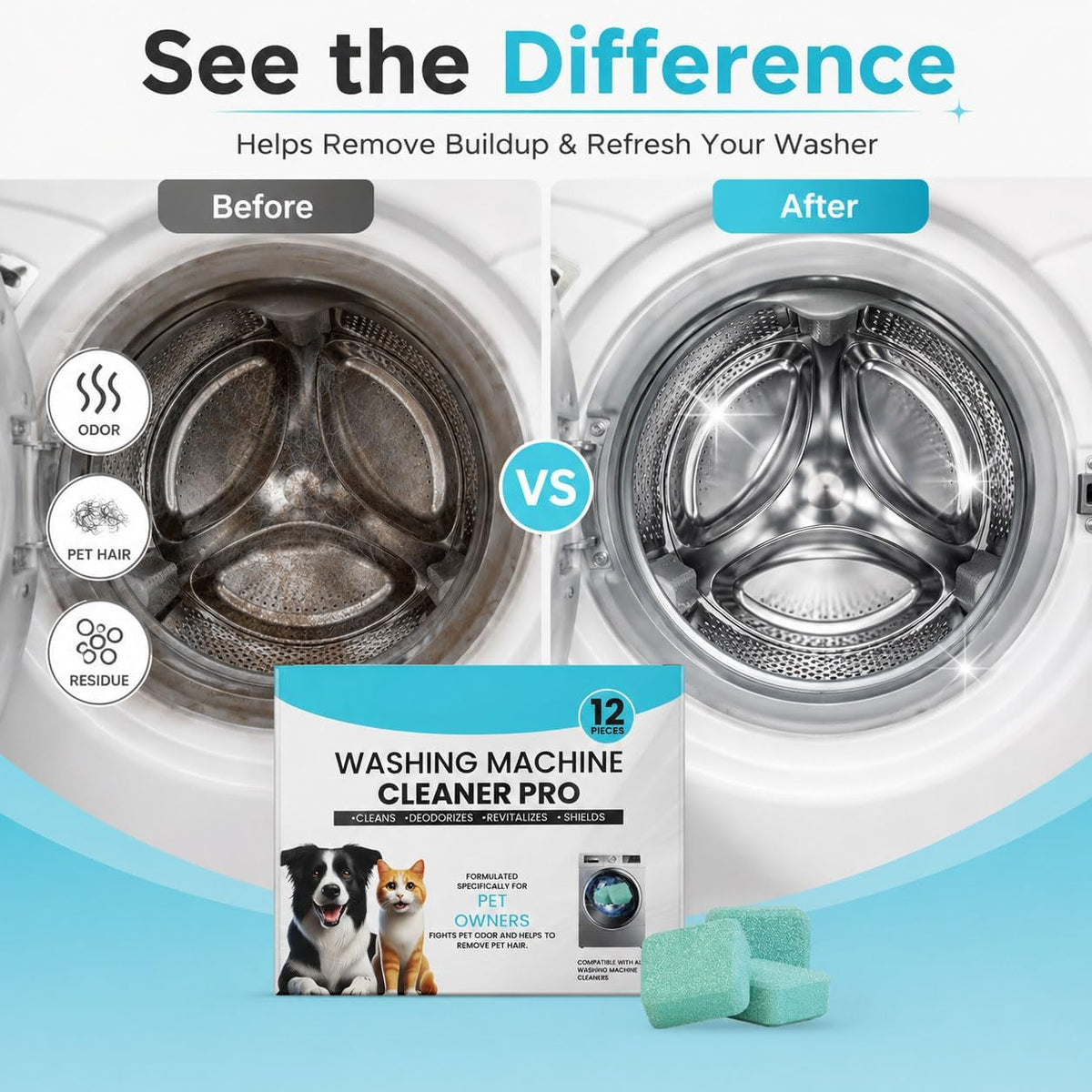 Washing Machine Cleaner Tablets, 12 Count Washer Cleaner for Pet Owners, Deep Cleaning Deodorizer for HE Front Load