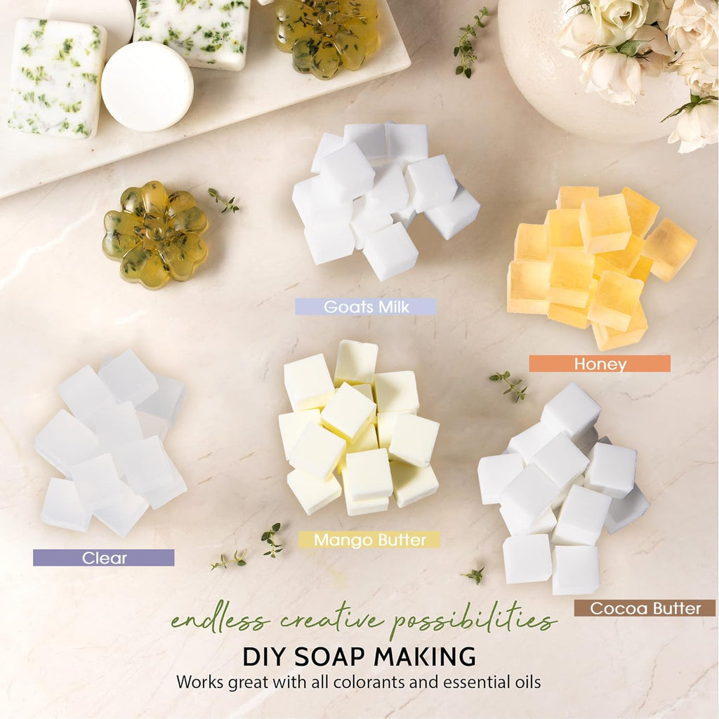 Pre-Cut Melt and Pour Soap Base Sampler (5 lbs) │ Cut-Up Pieces of Soap Base (1lb ea) │ Goats Milk, Honey, Clear