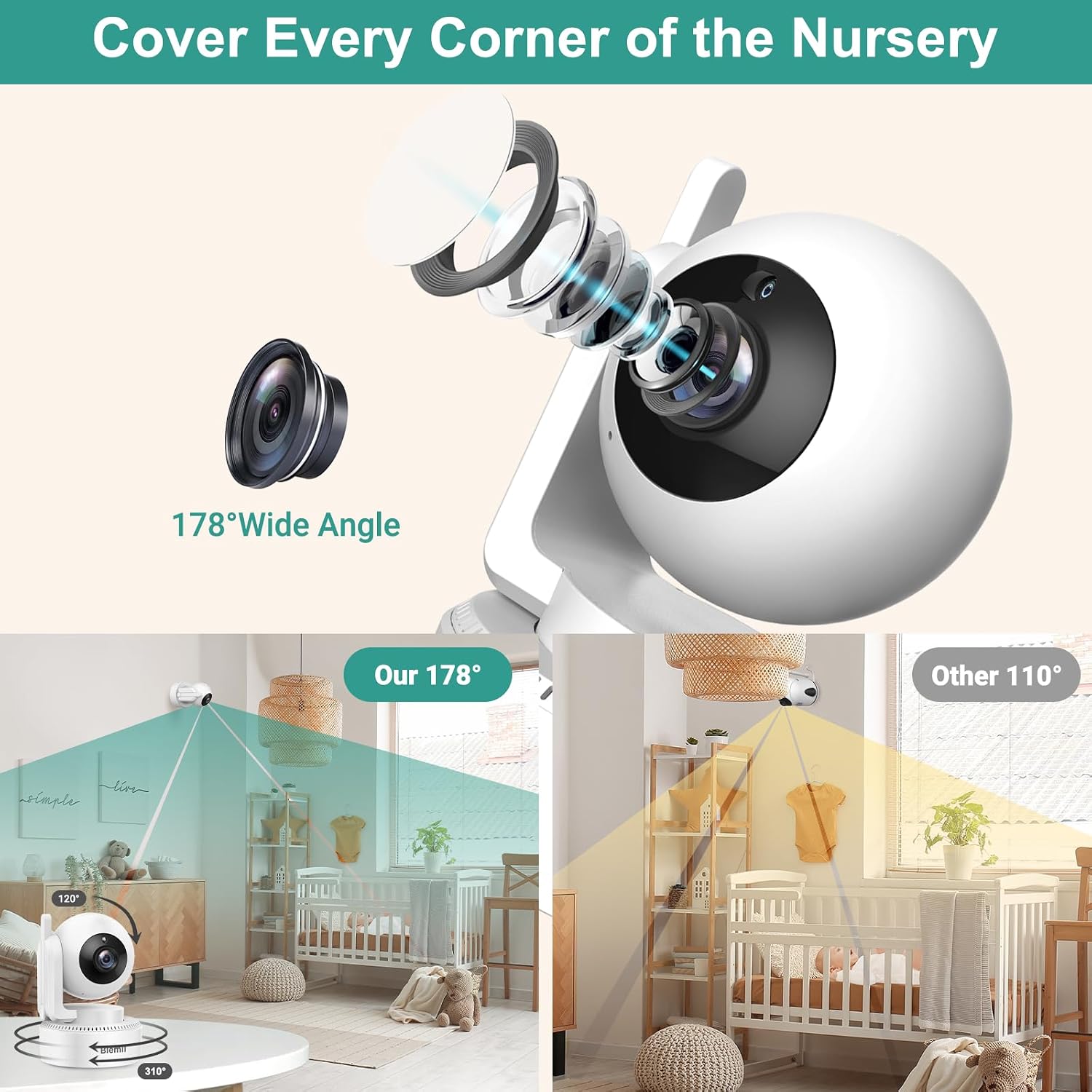 6" Split Screen Video Baby Monitor with 2 Cameras, 4000mAh Battery | Baby Monitor No WiFi, Remote Pan-Tilt-Zoom
