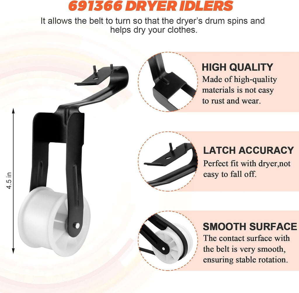2026 Upgraded 4392065 Dryer Repair Kit by Beaquicy - Include 341241 Dryer Belt, 349241T Drum Roller Kit, 691366 Idler