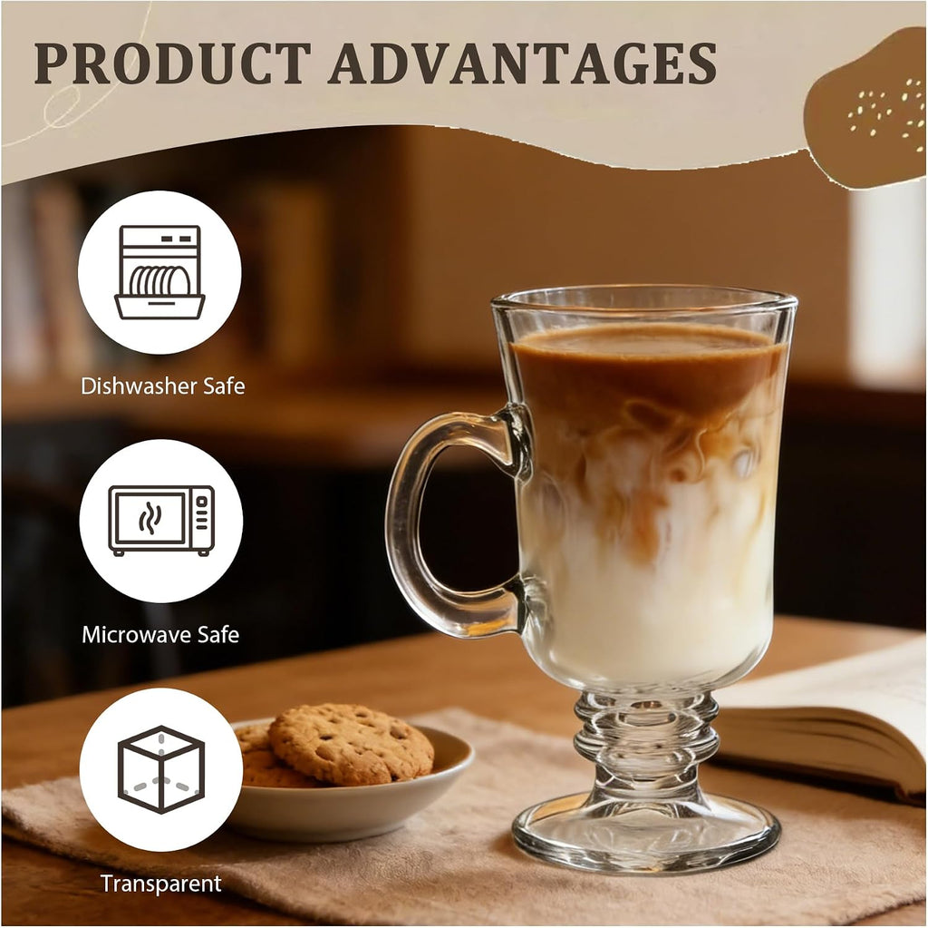Set Of 6 Irish Coffee Mugs - 8oz Irish Coffee Glasses With Handle High Base - Clear Mugs For Latte, Cappuccino, Hot