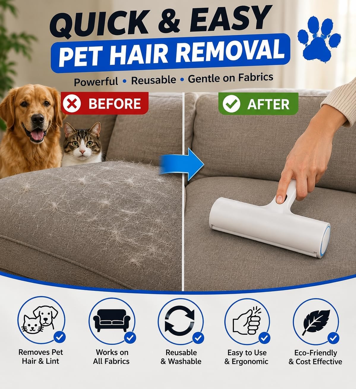 Pet Hair Remover Roller for Dogs and Cats, Reusable Self-Cleaning Lint Roller for Furniture, Couch, Carpet, Bedding