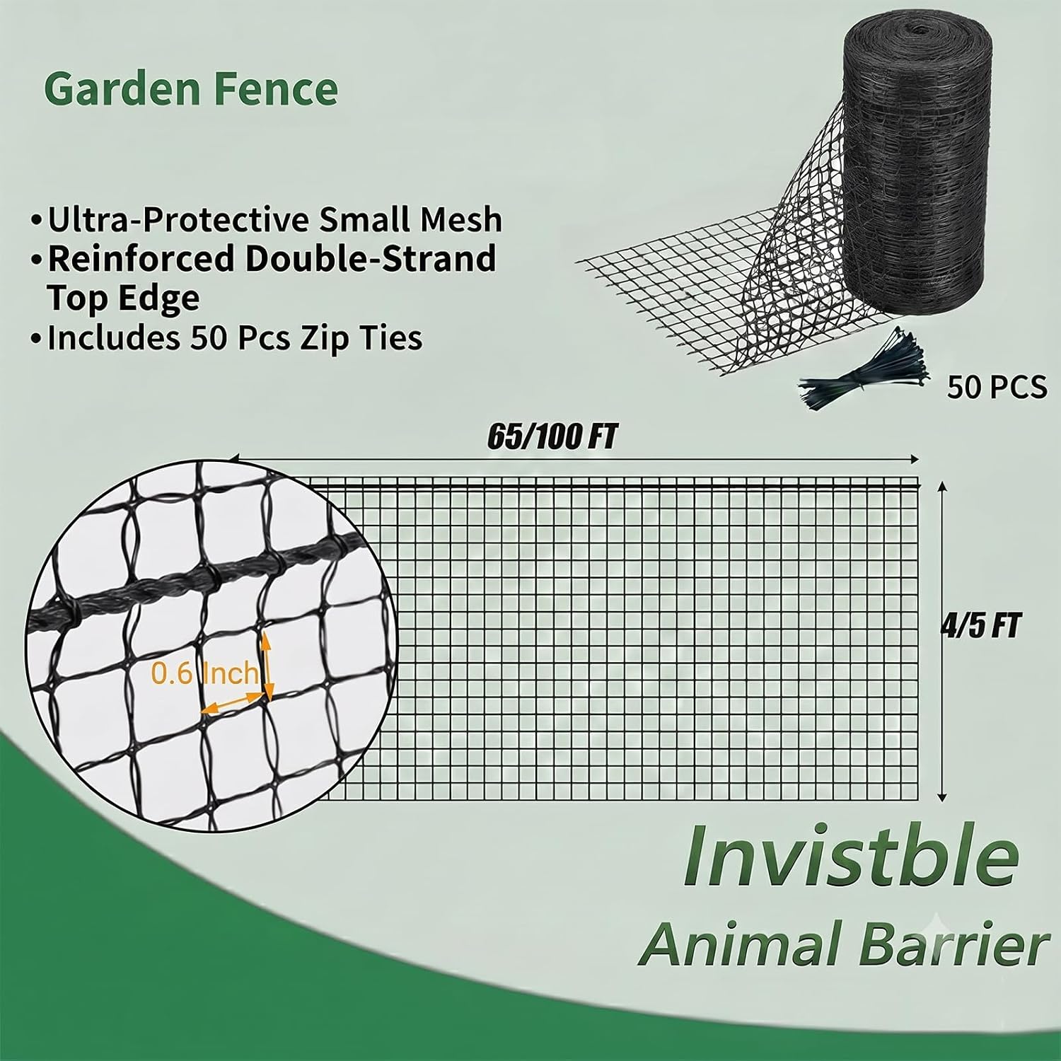 5x100 FT Deer Fence Netting, Plastic Mesh Roll, Garden Protection, Black