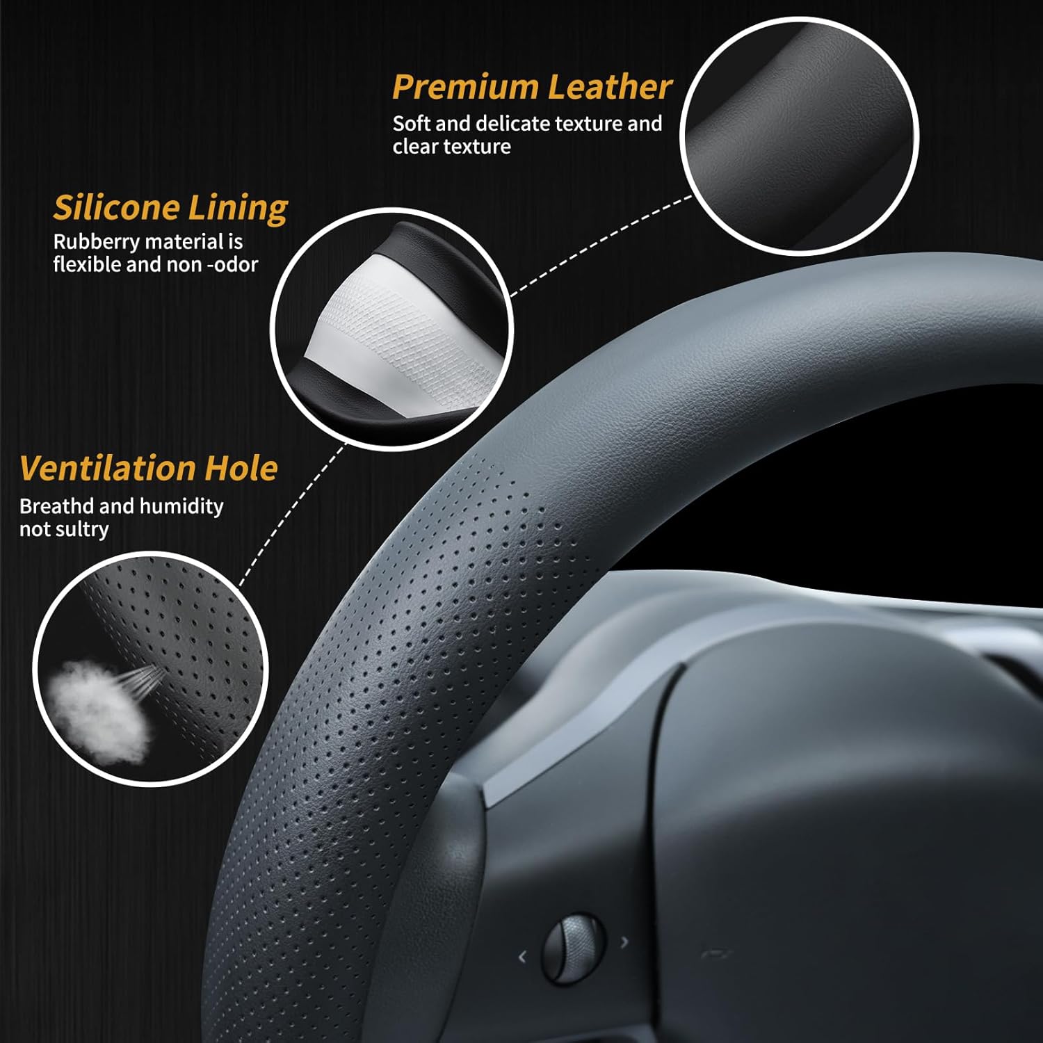 Nappa Leather Steering Wheel Cover Compatible with Tesla Model 3/Y 2016-2025 2026 Juniper/Highland, Non-Slip