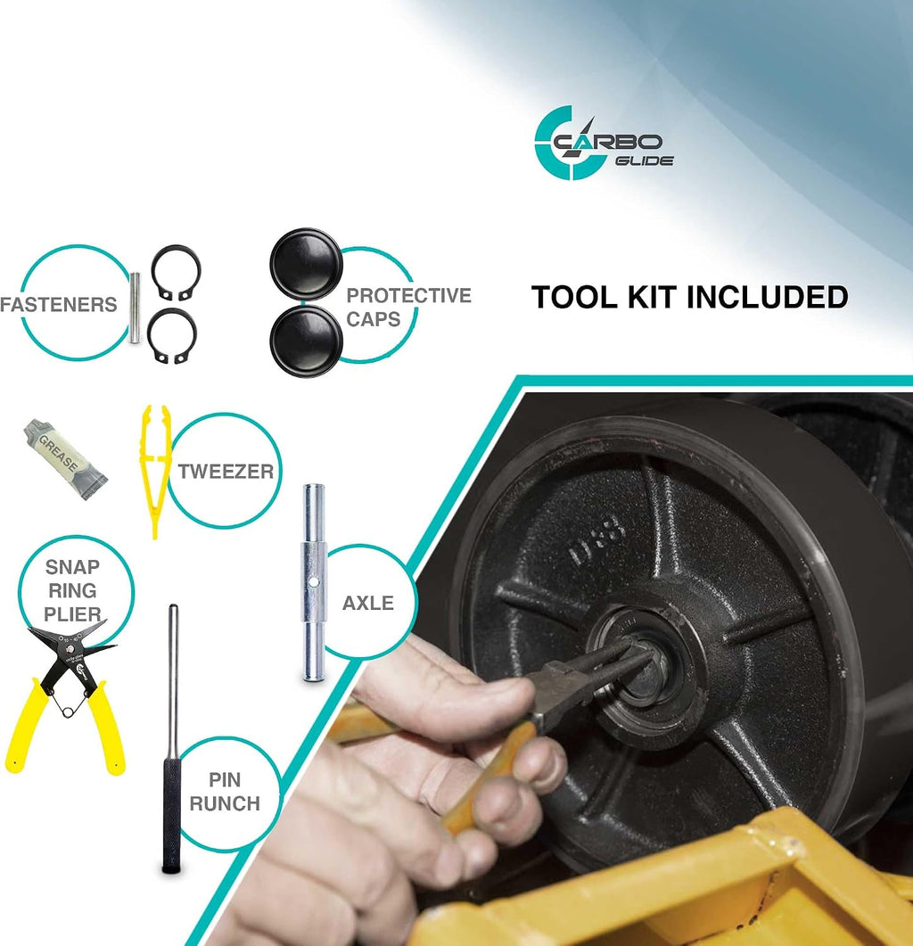 Pallet Jack/Truck Steering Wheels Set with Axle, Fasteners and Protective Caps (4 pcs) 7" x 2" with Bearings ID 20mm
