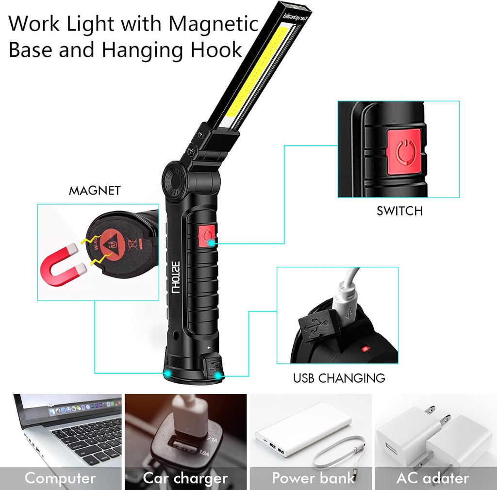 Tool Gifts for Men Dad Him, Rechargeable Work Lights, LED Work Light with Magnetic Base & Hanging Hook, 360°Rotate