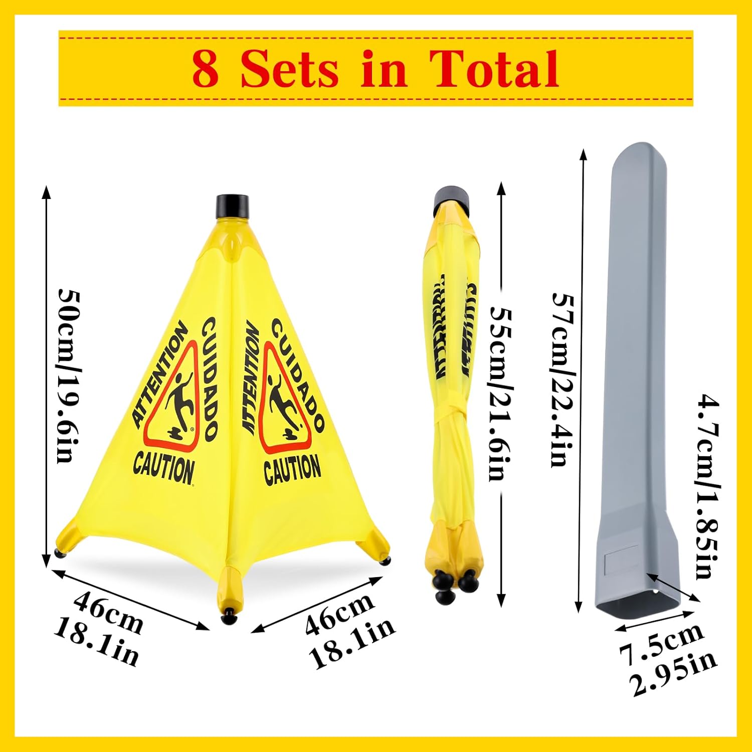 8-Packs Wet Floor Signs 20 Inch, Pop UP Bilingual Yellow Caution Wet Floor Sign with Wall Mounted Storage Tube