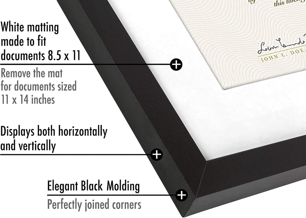 11x14 Diploma Frame with Shatter-Resistant Glass - Use as 8.5x11 Frame with Mat or Display 11x14 Documents Without