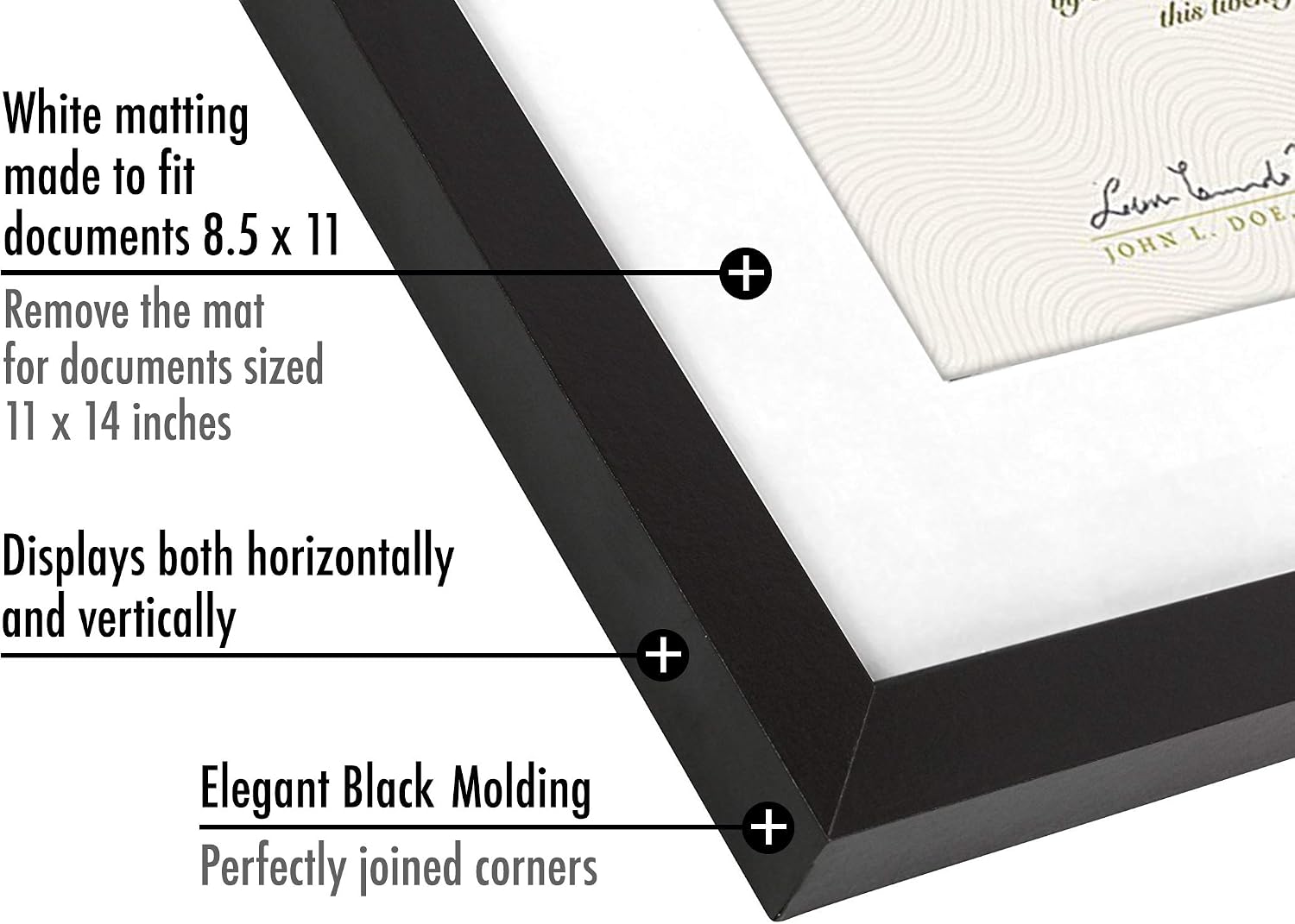 11x14 Diploma Frame with Shatter-Resistant Glass - Use as 8.5x11 Frame with Mat or Display 11x14 Documents Without