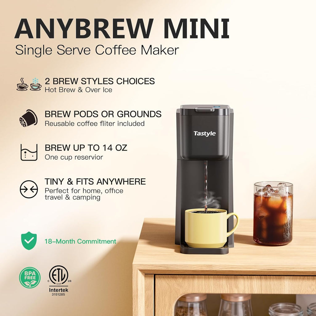 Mini Single Serve Hot and Iced Coffee Maker for K Cup and Ground | 6 to14 Oz Brew Sizes, with Recipe Book, for Home