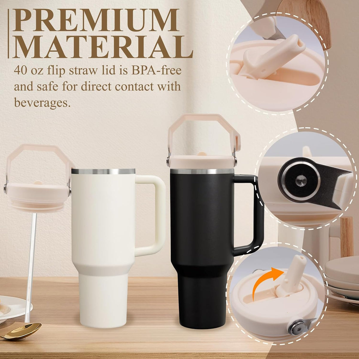 Flip Straw Lid with Handle for 40oz Stanley Cup Premium Leakproof Detachable Replacement Lid Accessories, Perfect Fit