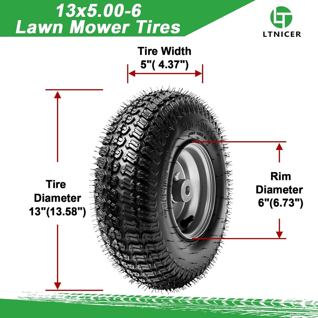 13x5.00-6 Rubber Lawn Mower Tire and Wheel, 4-Ply Tubeless Pneumatic Front Tires Replacement Riding Lawn Mowers &