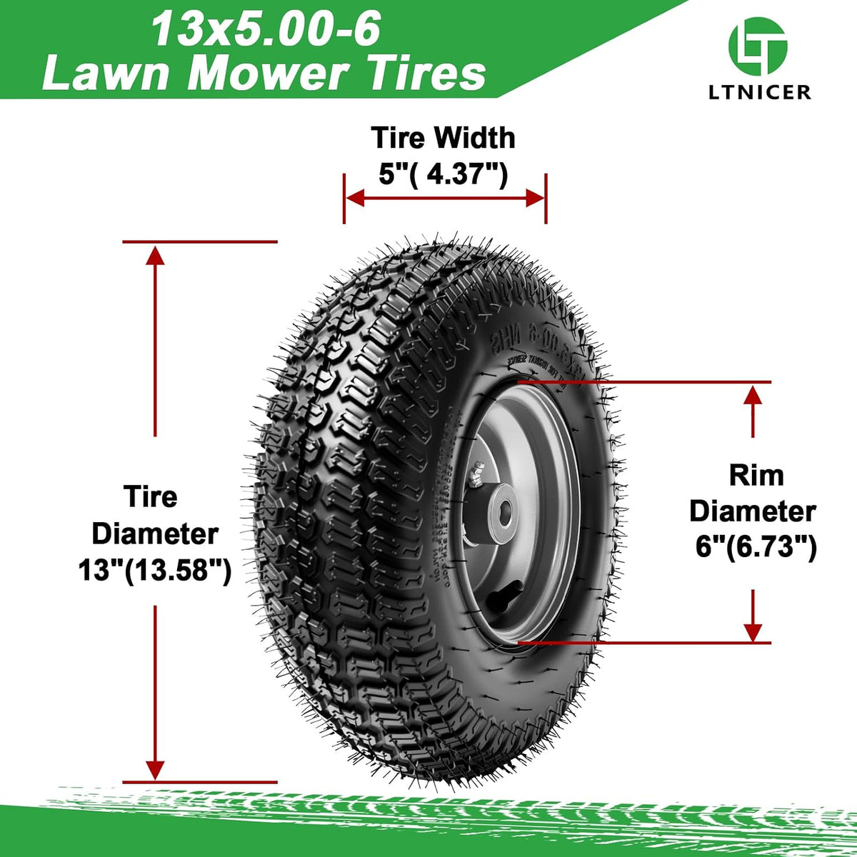13x5.00-6 Rubber Lawn Mower Tire and Wheel, 4-Ply Tubeless Pneumatic Front Tires Replacement Riding Lawn Mowers &