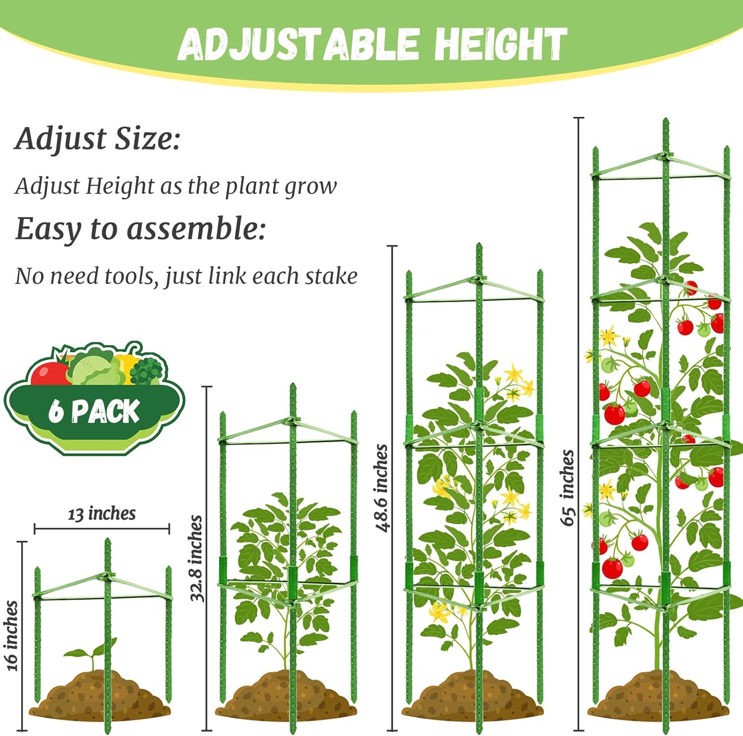 6-Pack Tomato Cage for Garden Plant Support- Up to 48inch Garden Stakes Tomato Cage, Tomato Trellis for Potted