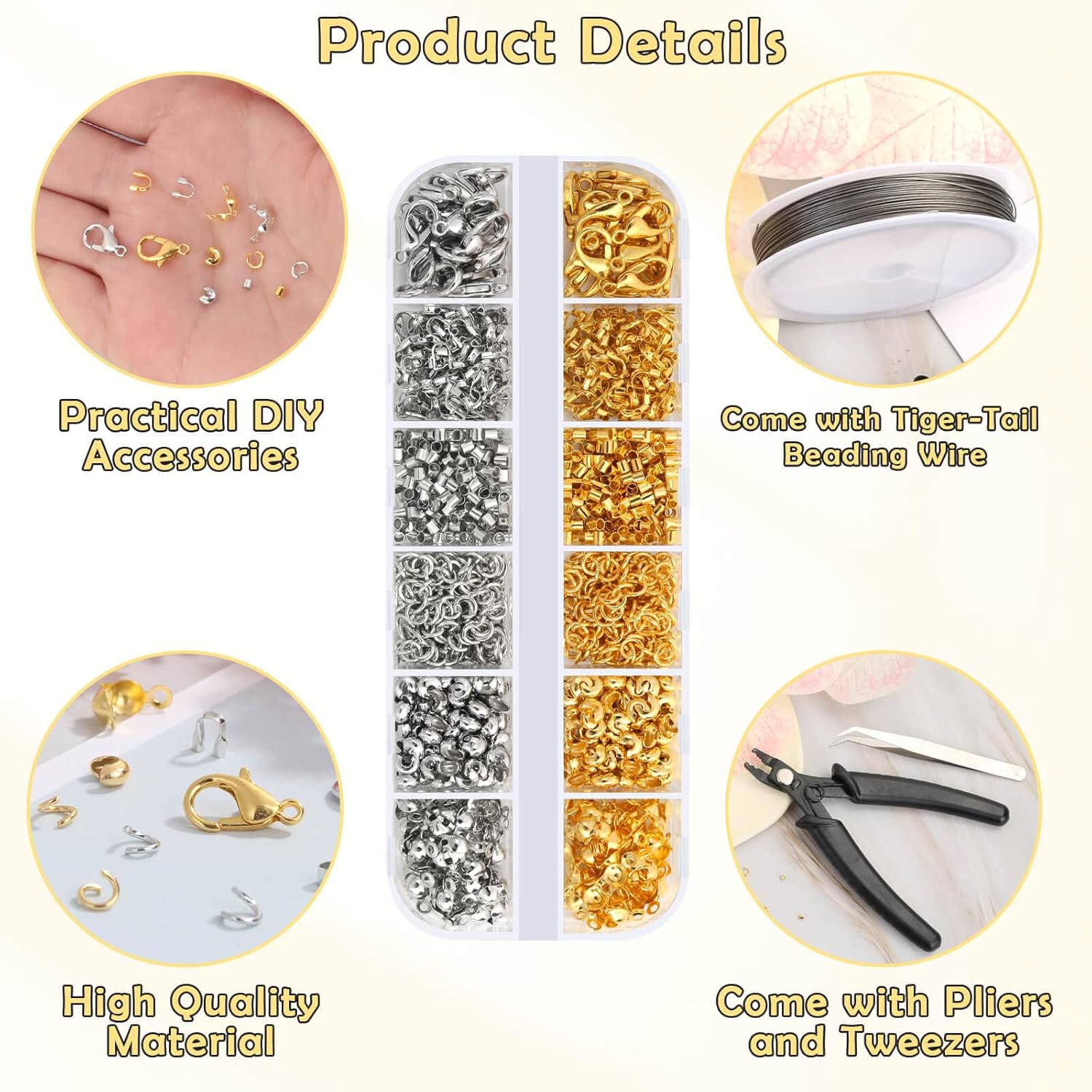 1200 Pcs Crimp Beads Supplies for Jewelry Making, Including Crimp Covers, Crimp Tubes and Wire Guardians, Lobster