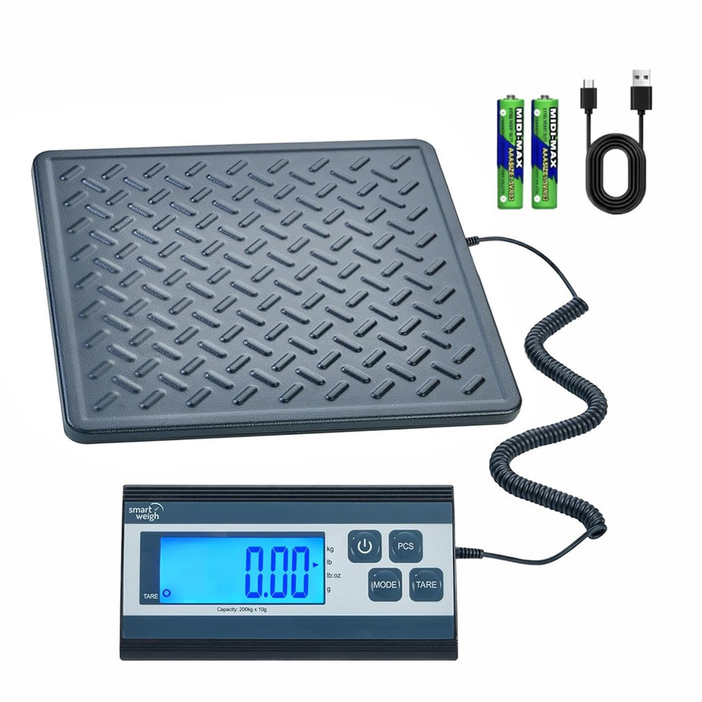 Digital Postal Shipping Scale, 440 lb Capacity, 1 oz Readability, Tare Function, Battery or USB-C Power, Corded