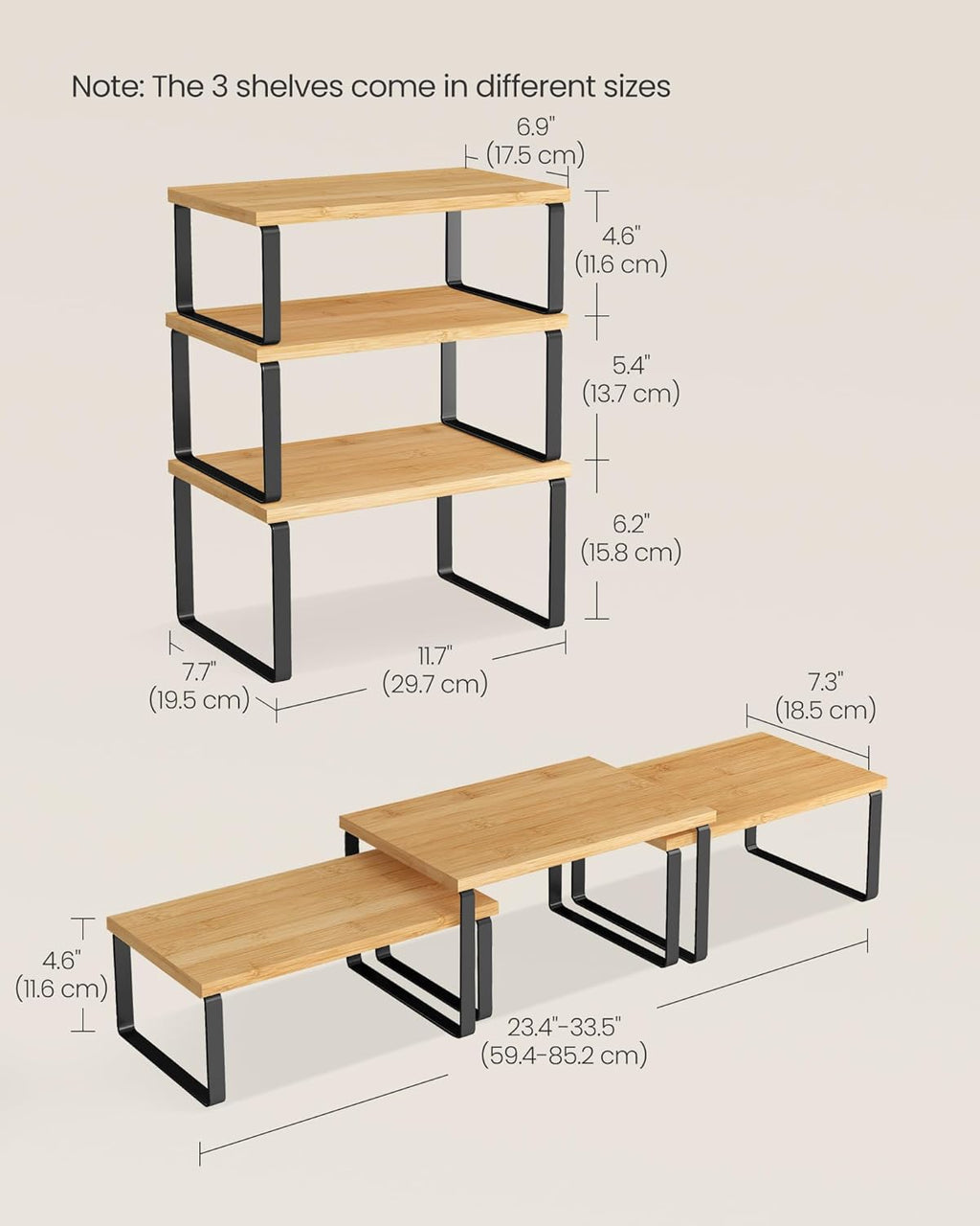 SONGMICS Cabinet Organizer Shelf, Set of 3 Kitchen Counter Shelves, Kitchen Storage, Spice Rack, Stackable