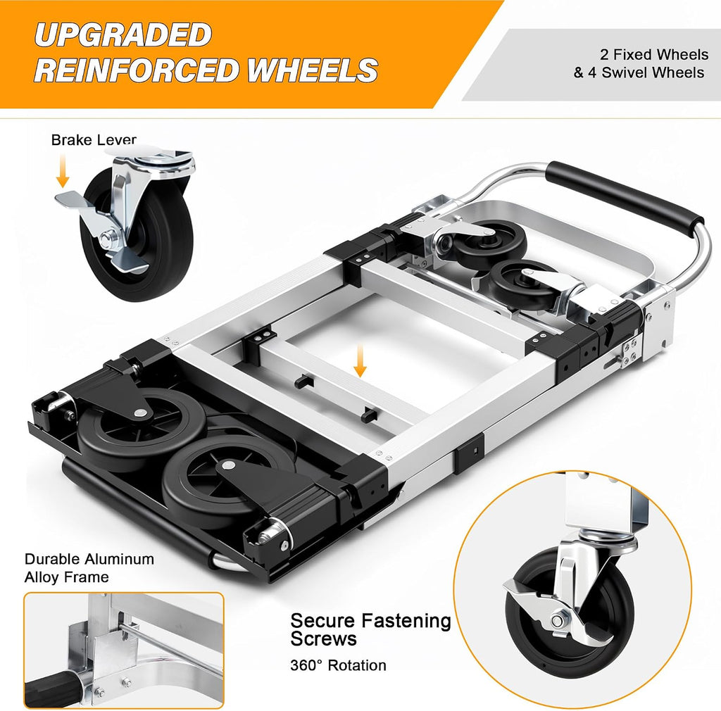 3 in 1 Convertible Hand Truck Hand, Folding Hand Truck with 2 Straps | 600 LBS Break Strength Convertible Dolly, 4