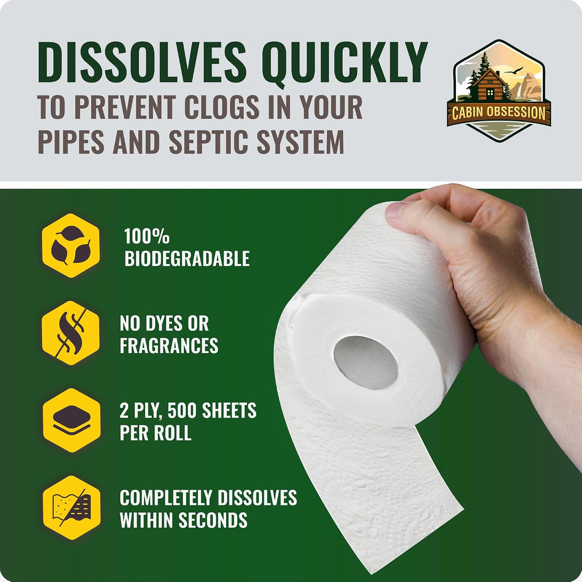 Septic Safe Toilet Paper (12 Pack) 2 Ply Rapid Dissolving Toilet Tissue