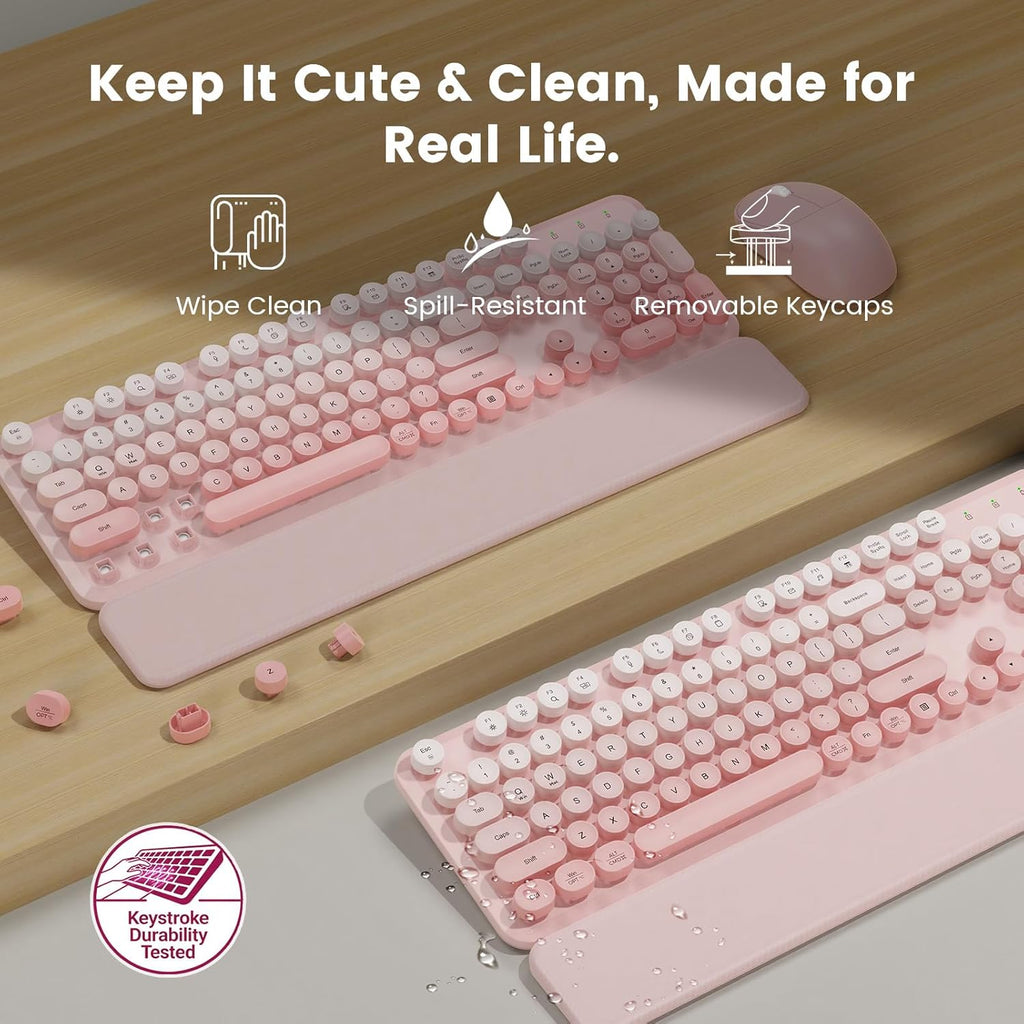 Wireless Keyboard and Mouse Combo, Magnetic Soft-Touch Wrist Rest, Pink | Round Keycaps, Full-Size Typewriter Style