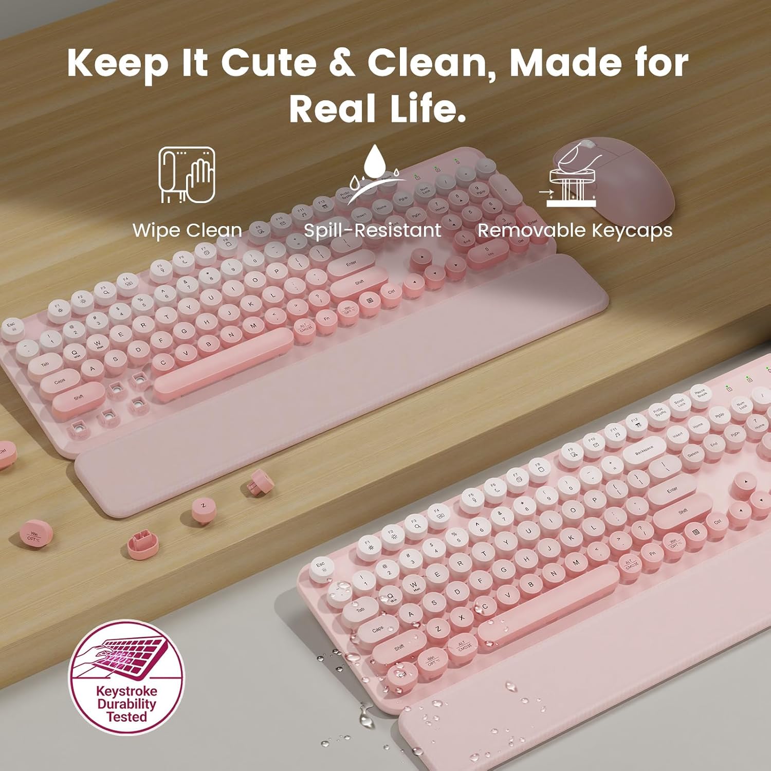 Wireless Keyboard and Mouse Combo, Magnetic Soft-Touch Wrist Rest, Pink | Round Keycaps, Full-Size Typewriter Style