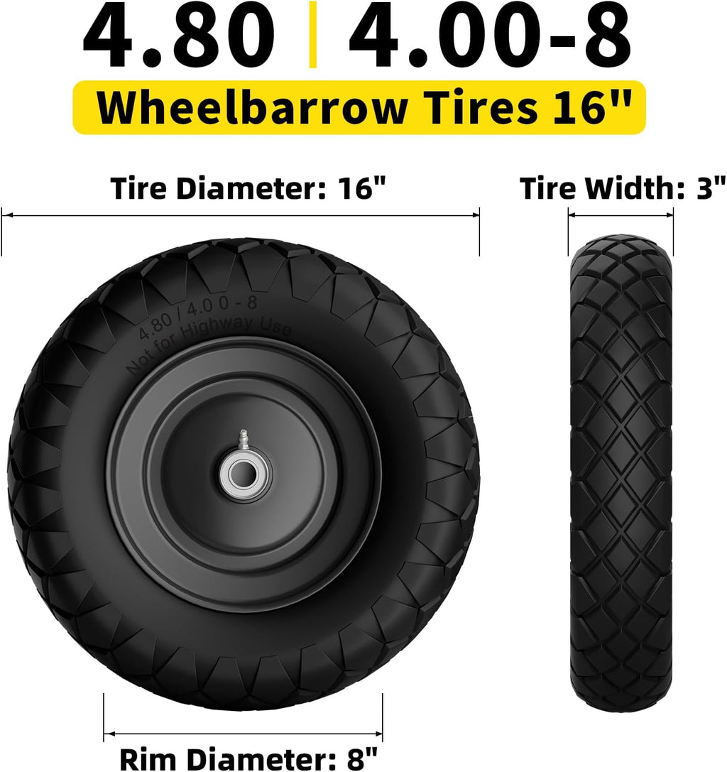 4.80/4.00-8 Flat Free Wheelbarrow Tire and Wheel, 16" Black 2-Pack | Solid Puncture Proof Replacement Tires with 5/8"