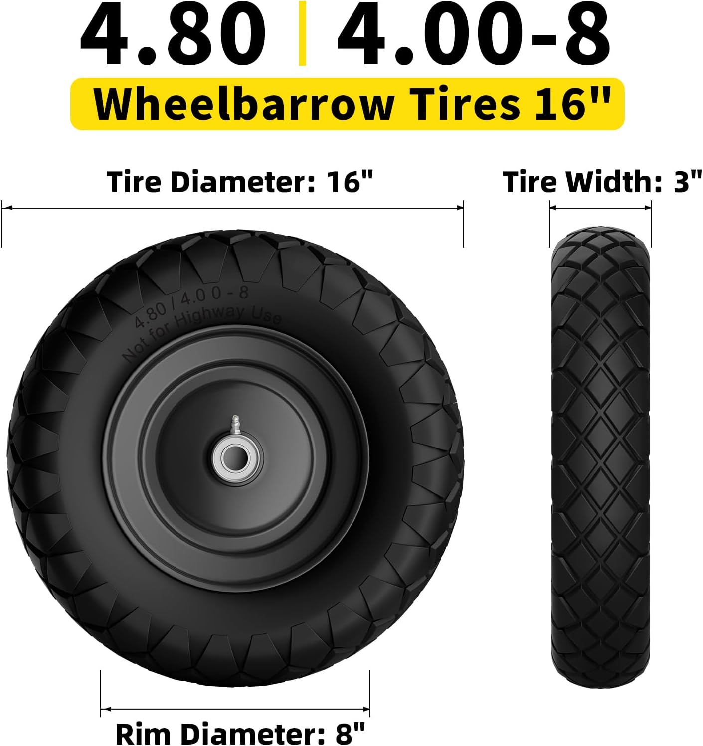 4.80/4.00-8 Flat Free Wheelbarrow Tire and Wheel, 16" Black 2-Pack | Solid Puncture Proof Replacement Tires with 5/8"