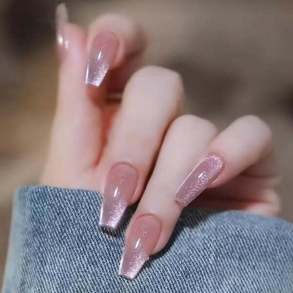 Long Coffin Press on Nails Light Pink Cat Eye Fake Nails Long Coffin False Nails with Gradient & Glitter Design