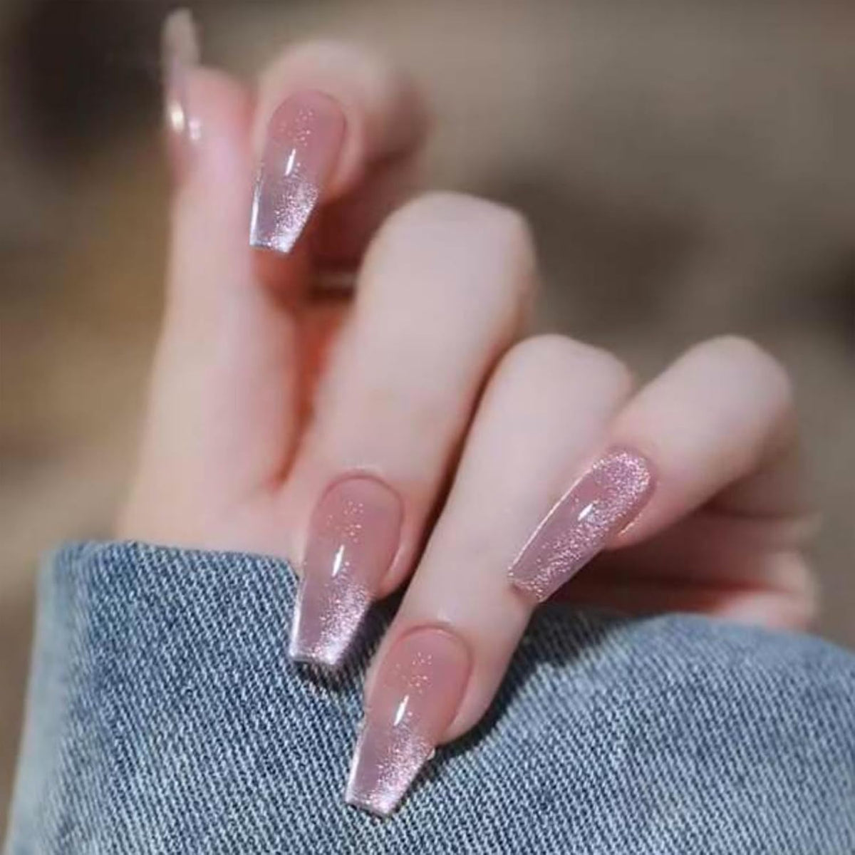 Long Coffin Press on Nails Light Pink Cat Eye Fake Nails Long Coffin False Nails with Gradient & Glitter Design
