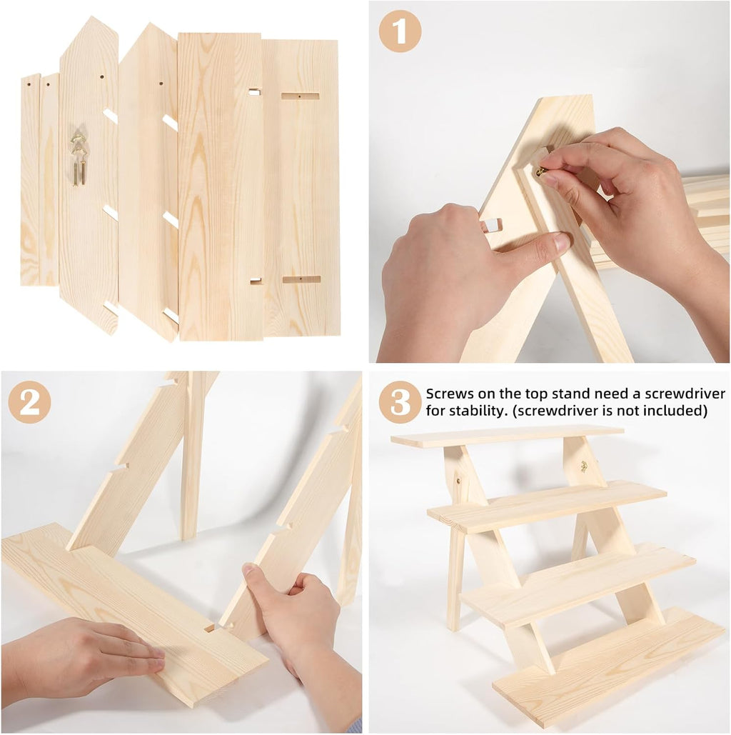 4 Tier Wood Cupcake Display Stand, Retail Cookie Display Riser,Nature | Tool-Free Rustic Tiered Table Stand for