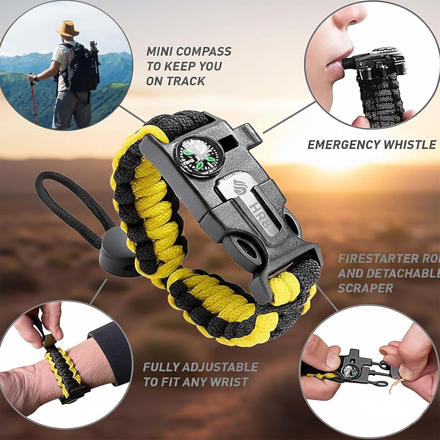Survival Paracord Bracelet with Fire Starter Compass Whistle - Adjustable Emergency Wristband for Camping Hiking Outdoor