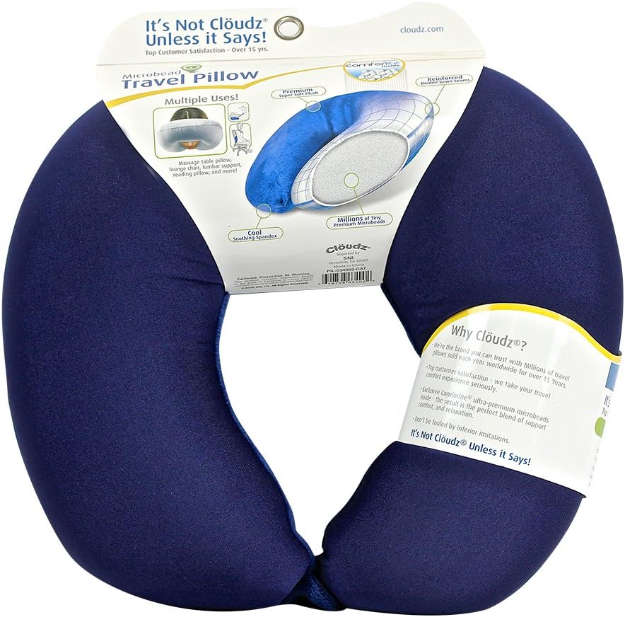 Dual Comfort Microbead Airplane Travel Neck Pillow. Super Soft Cozy Plush Fabric on One Side, Cool Relaxing Spandex