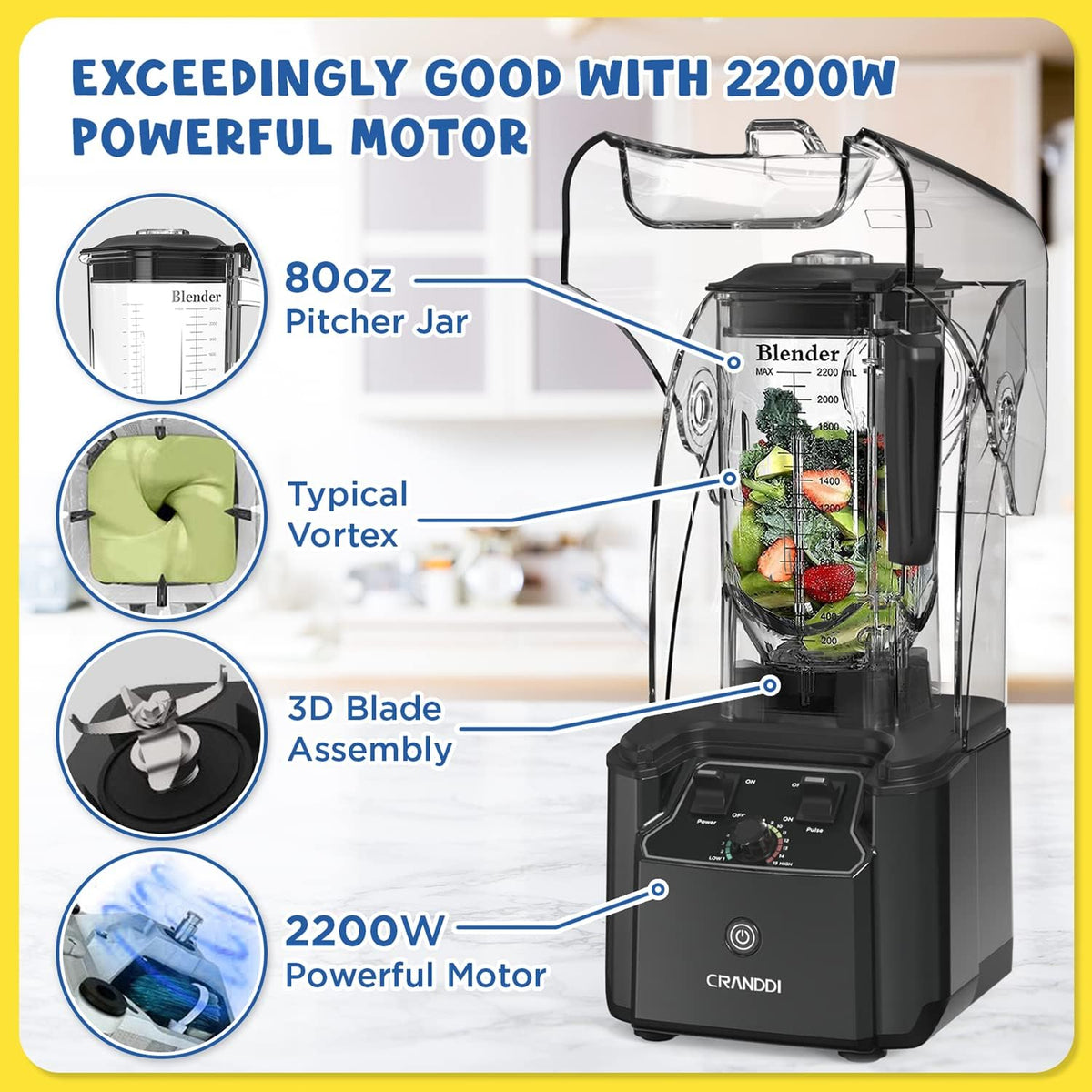Quiet Commercial Blender,2200W,80oz,Home&Cafe Use, K90 Grey